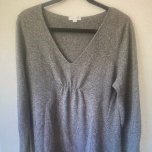 100% Cashmere V-Neck Ruched Tunic Sweater Heather Gray Large